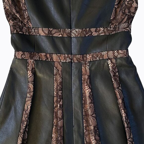 BCBGMaxAzria Dress Sz2 Black Faux Leather Pleated Brown Lace V-Neck 90s Goth Y2K - Picture 5 of 8